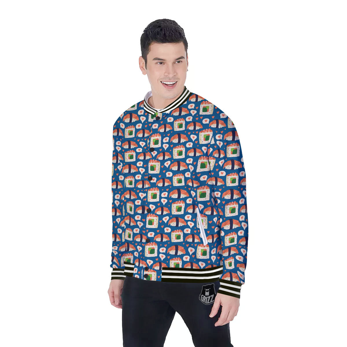 Sushi Doodle Japanese Print Pattern Baseball Jacket-grizzshop