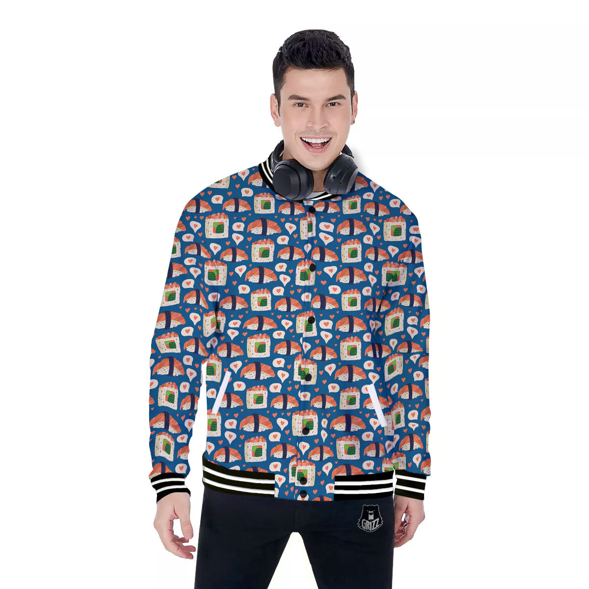 Sushi Doodle Japanese Print Pattern Baseball Jacket-grizzshop