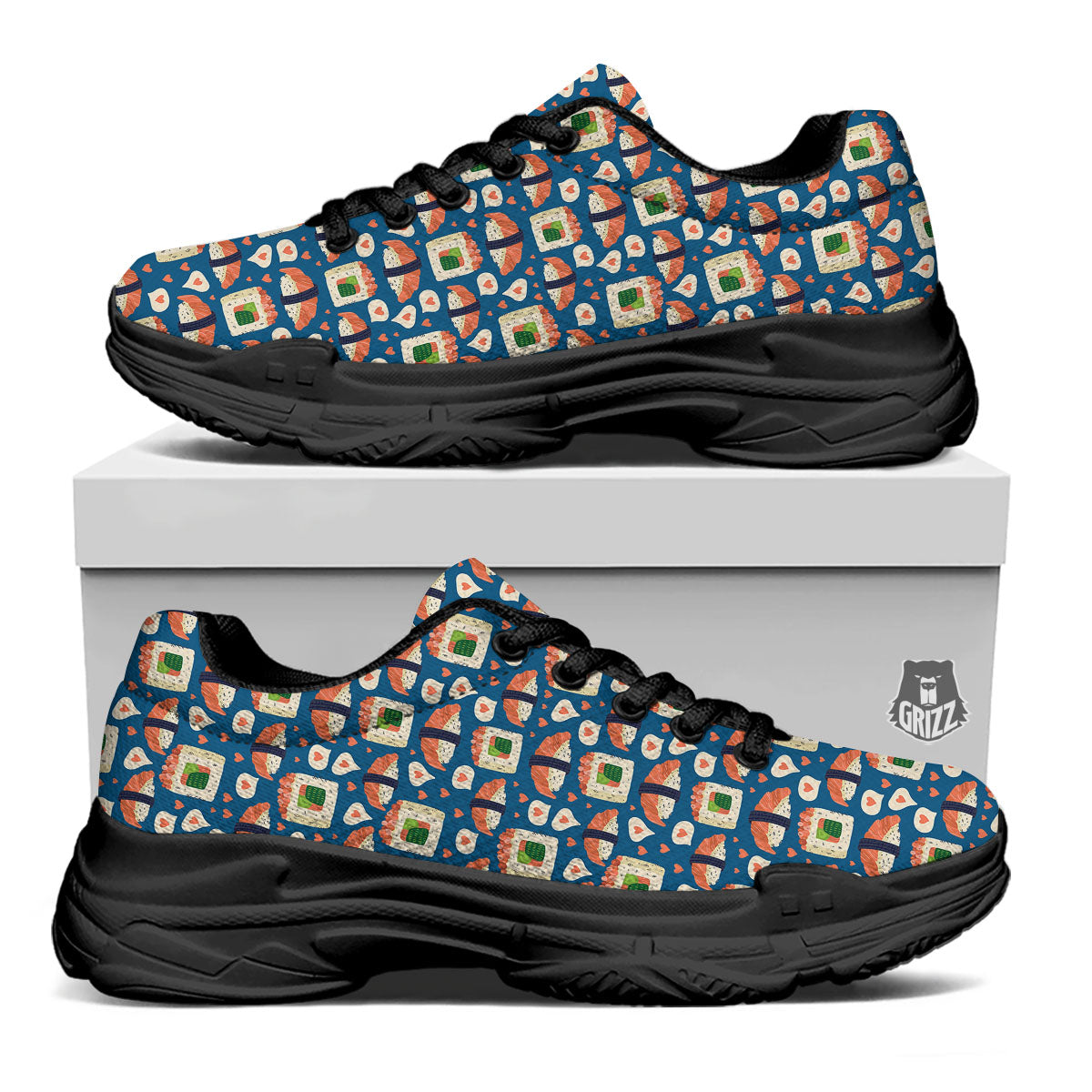 Sushi Doodle Japanese Print Pattern Black Chunky Shoes-grizzshop