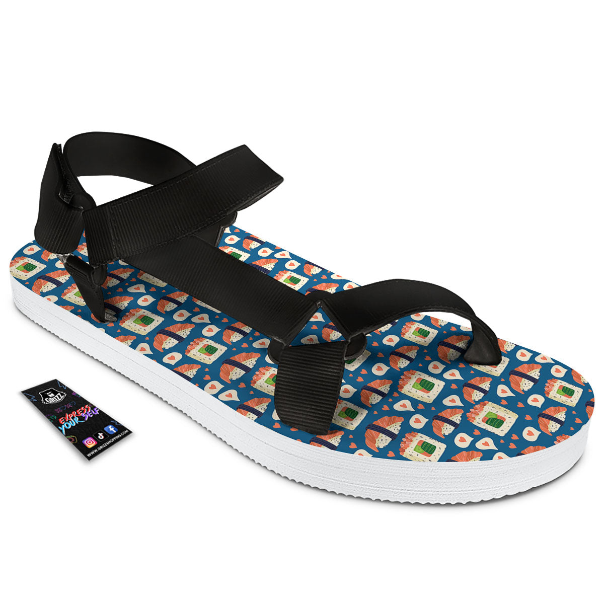 Sushi Doodle Japanese Print Pattern Black Open Toe Sandals-grizzshop