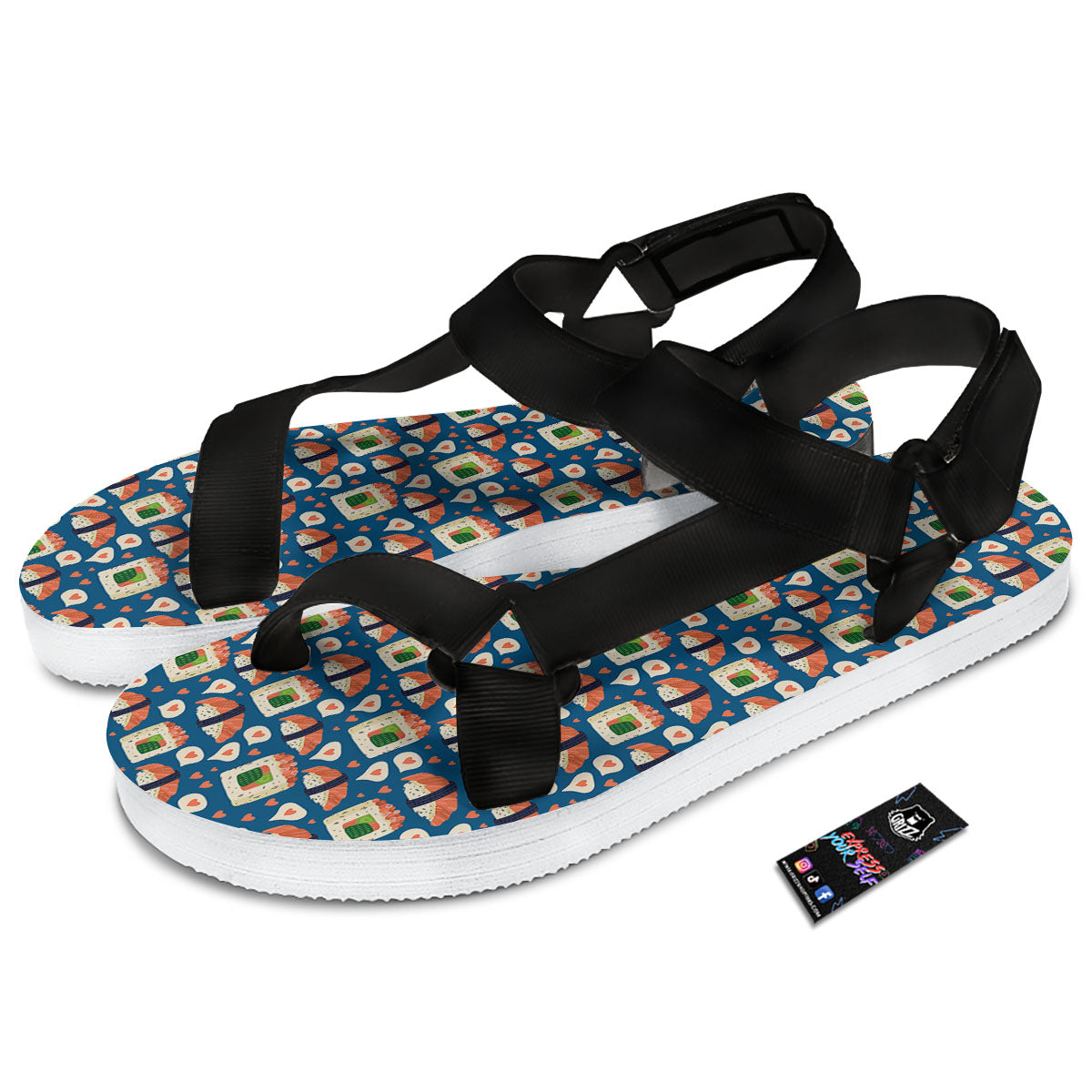 Sushi Doodle Japanese Print Pattern Black Open Toe Sandals-grizzshop