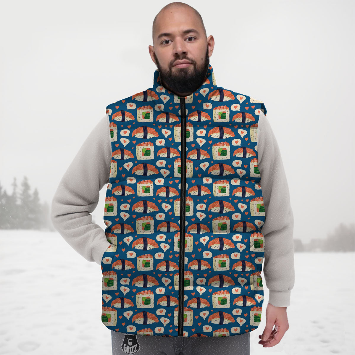 Sushi Doodle Japanese Print Pattern Down Vest