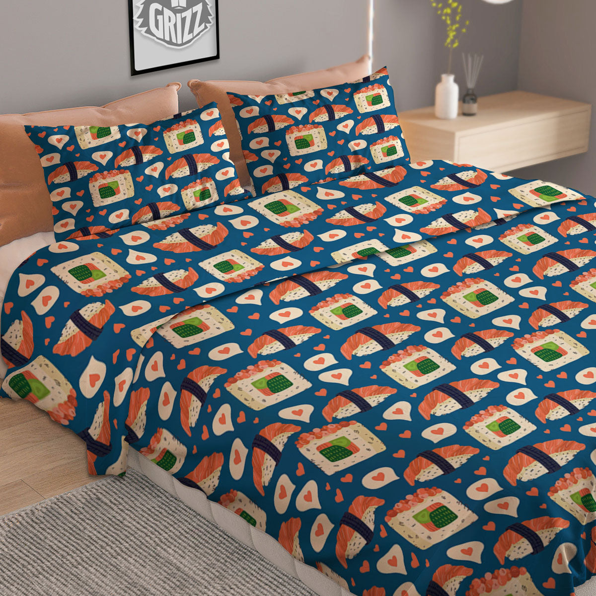Sushi Doodle Japanese Print Pattern Duvet Cover Bedding Set