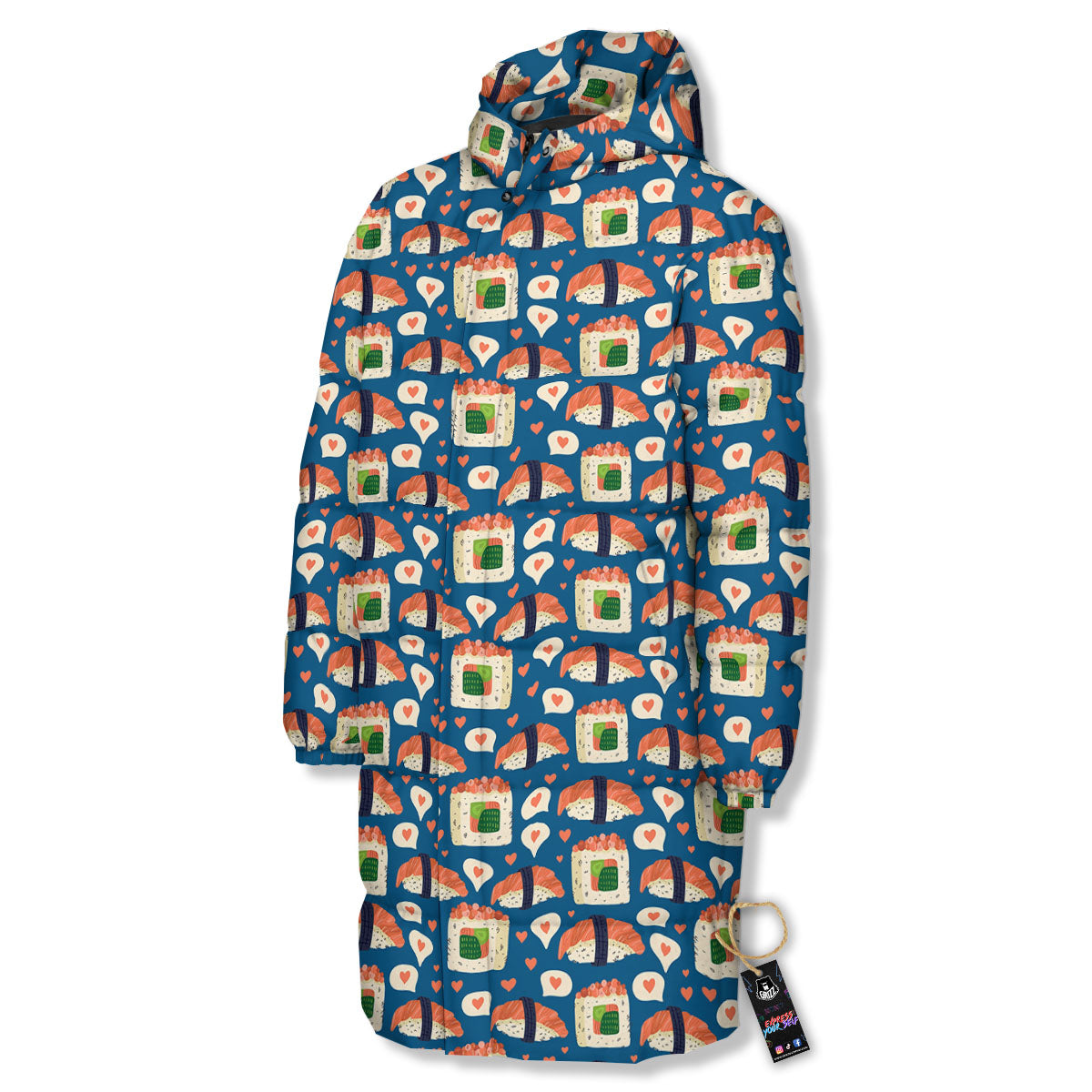 Sushi Doodle Japanese Print Pattern Long Down Jacket-grizzshop