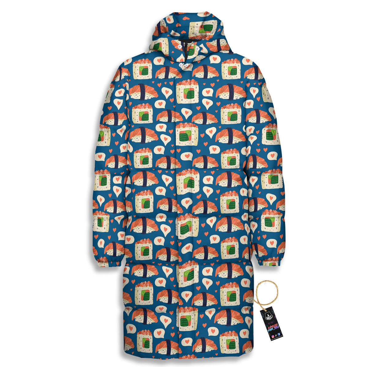 Sushi Doodle Japanese Print Pattern Long Down Jacket-grizzshop
