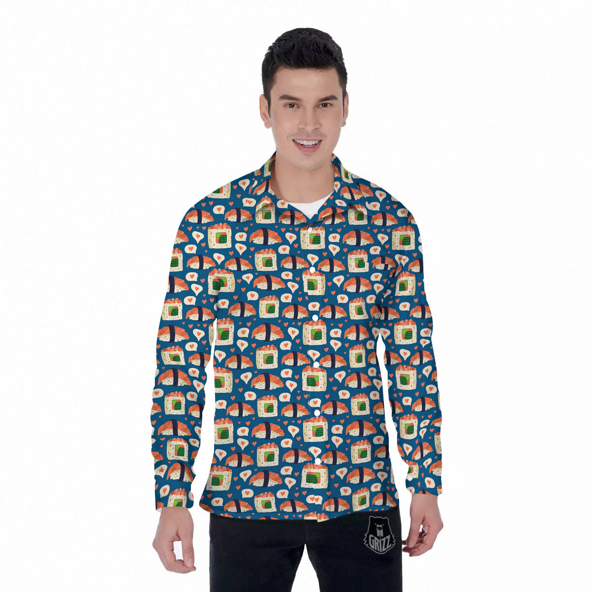 Sushi Doodle Japanese Print Pattern Men's Long Sleeve Shirts-grizzshop