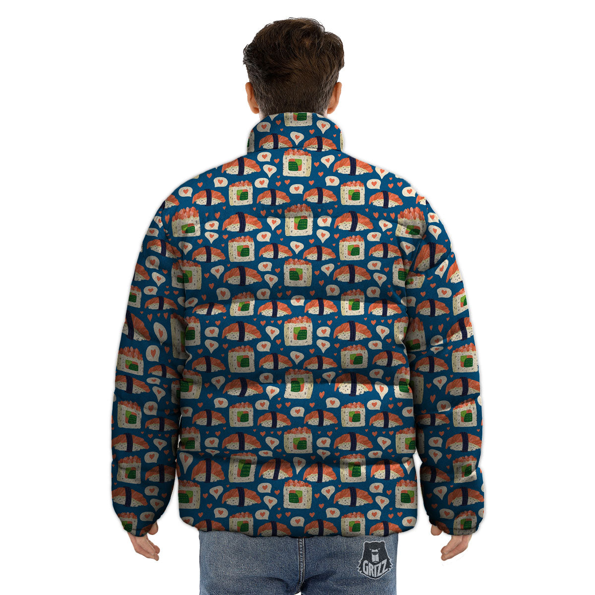 Sushi Doodle Japanese Print Pattern Puffer Jacket-grizzshop