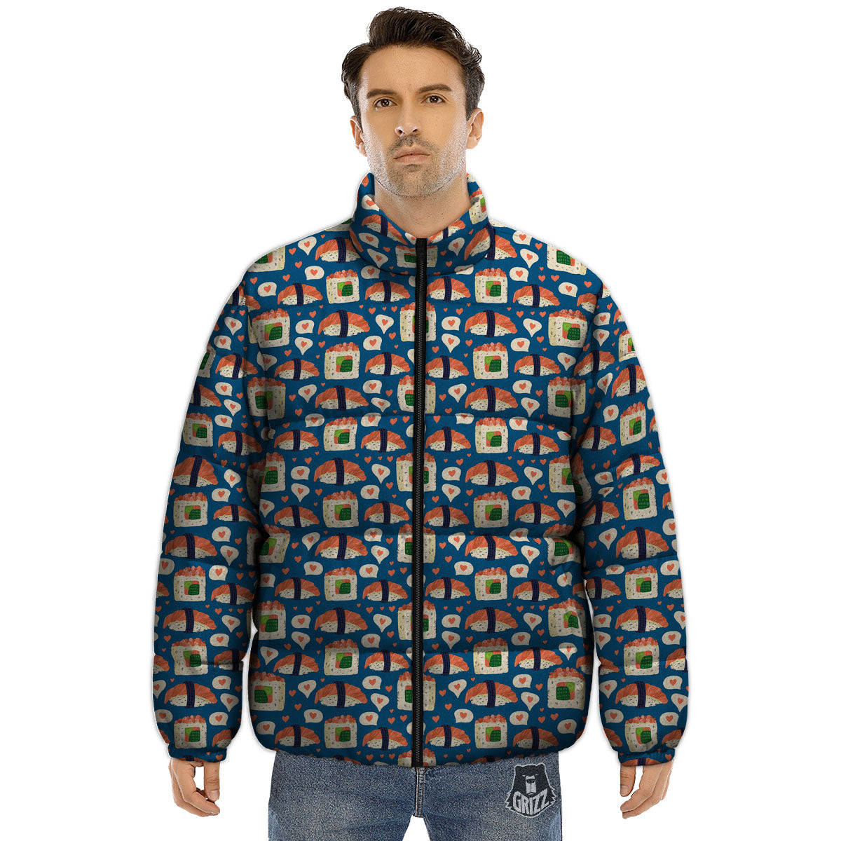Sushi Doodle Japanese Print Pattern Puffer Jacket-grizzshop