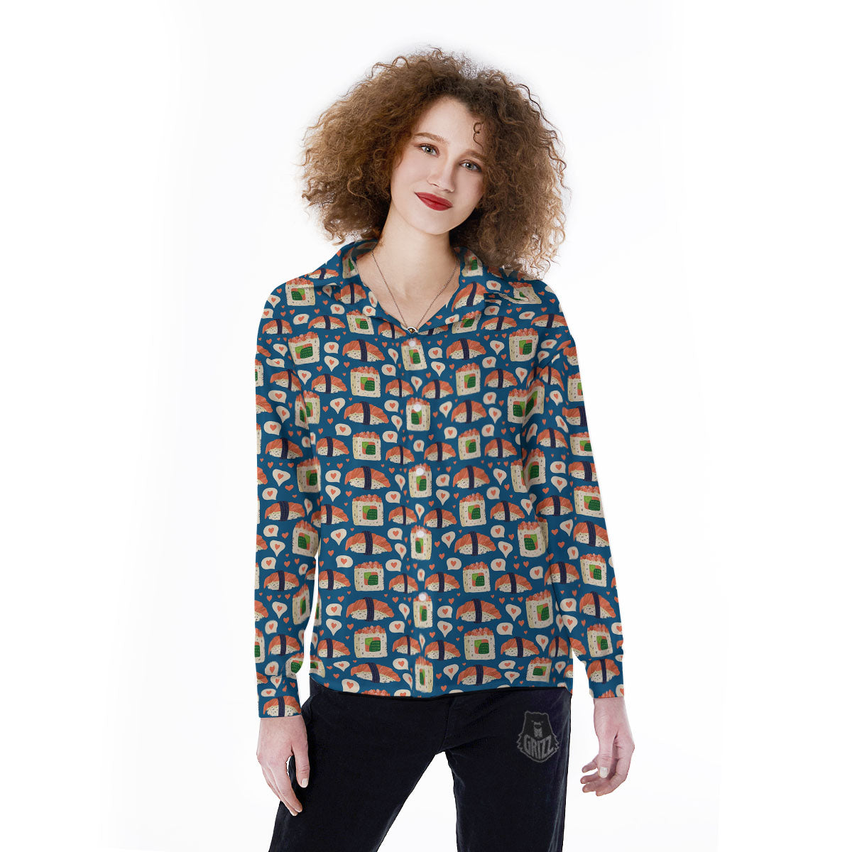 Sushi Doodle Japanese Print Pattern Women's Long Sleeve Shirts-grizzshop