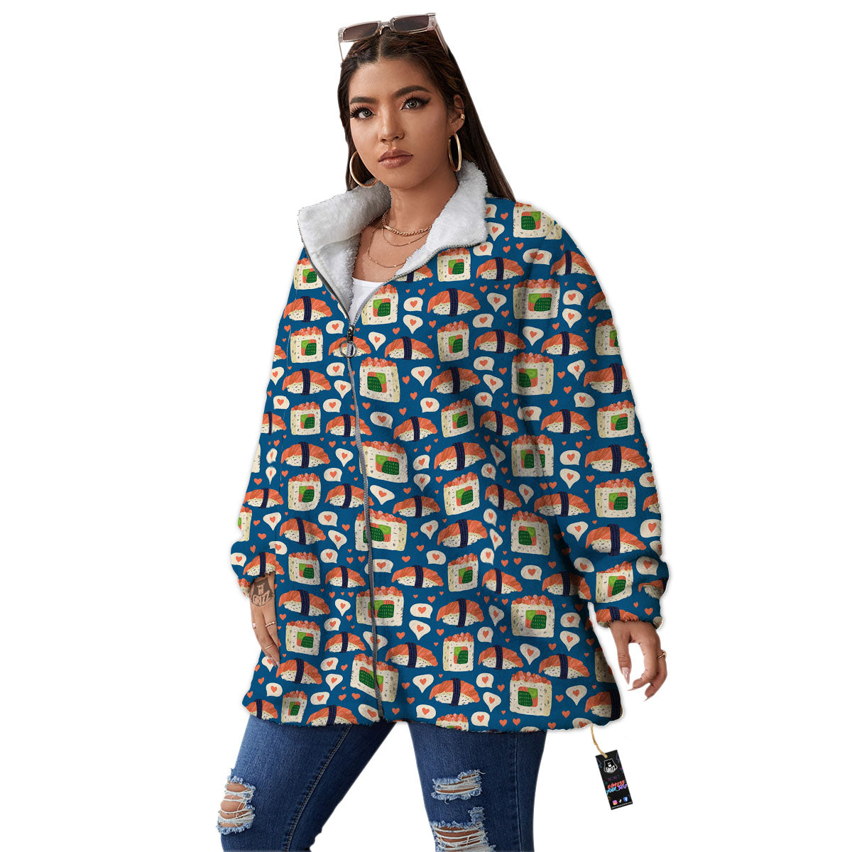 Sushi Doodle Japanese Print Pattern Women's Sherpa Jacket-grizzshop