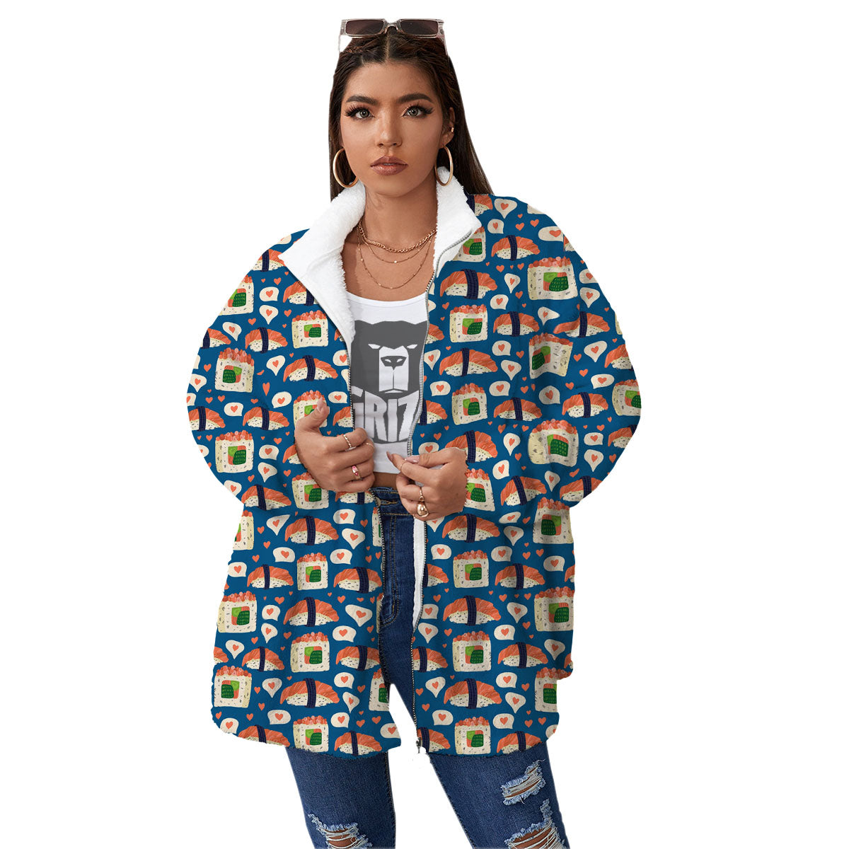 Sushi Doodle Japanese Print Pattern Women's Sherpa Jacket-grizzshop
