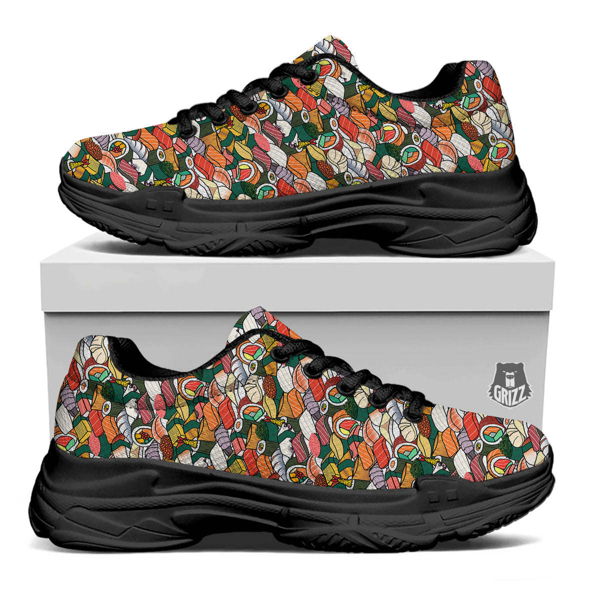 Sushi Japanese Colorful Print Pattern Black Chunky Shoes-grizzshop