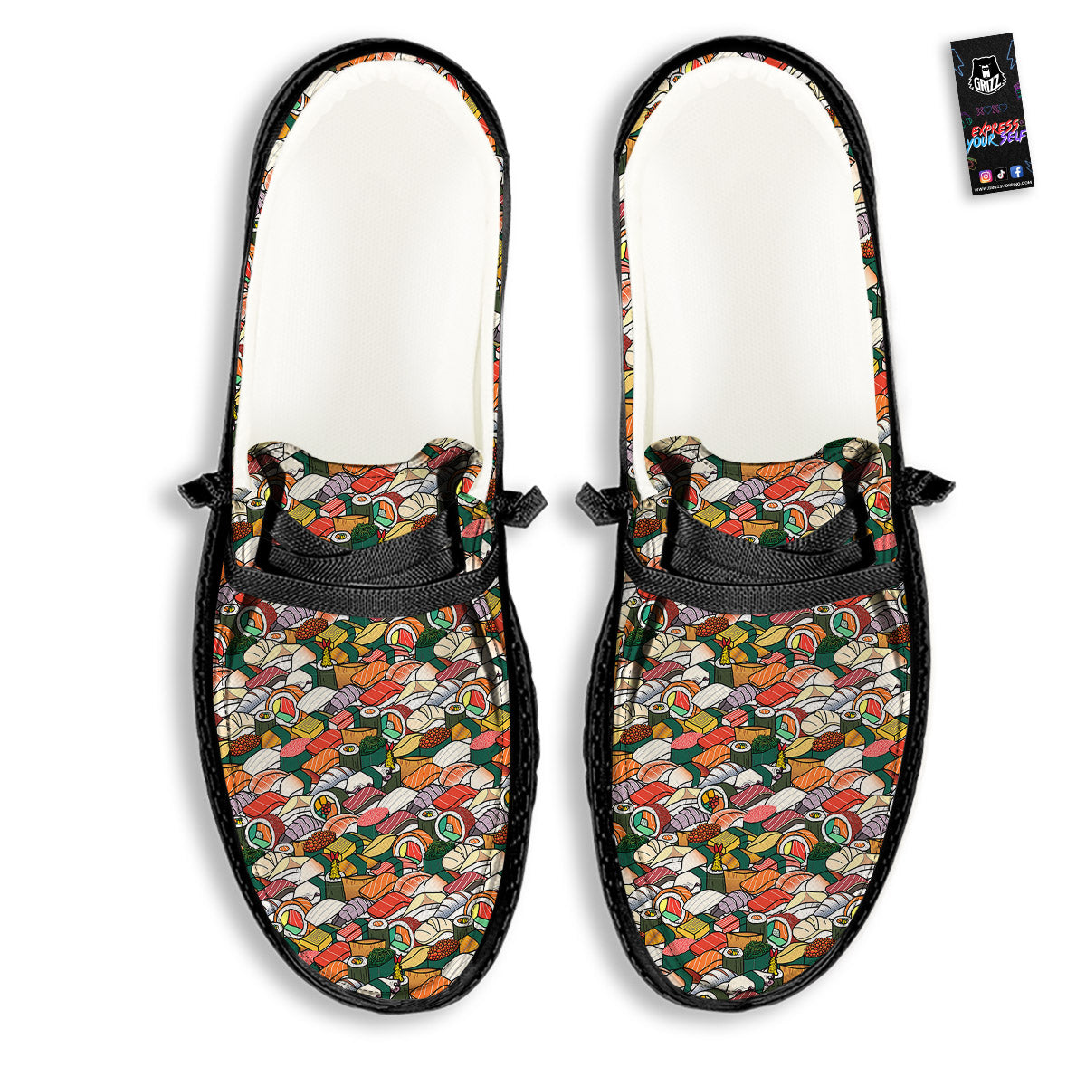 Sushi Japanese Colorful Print Pattern Black Loafers-grizzshop