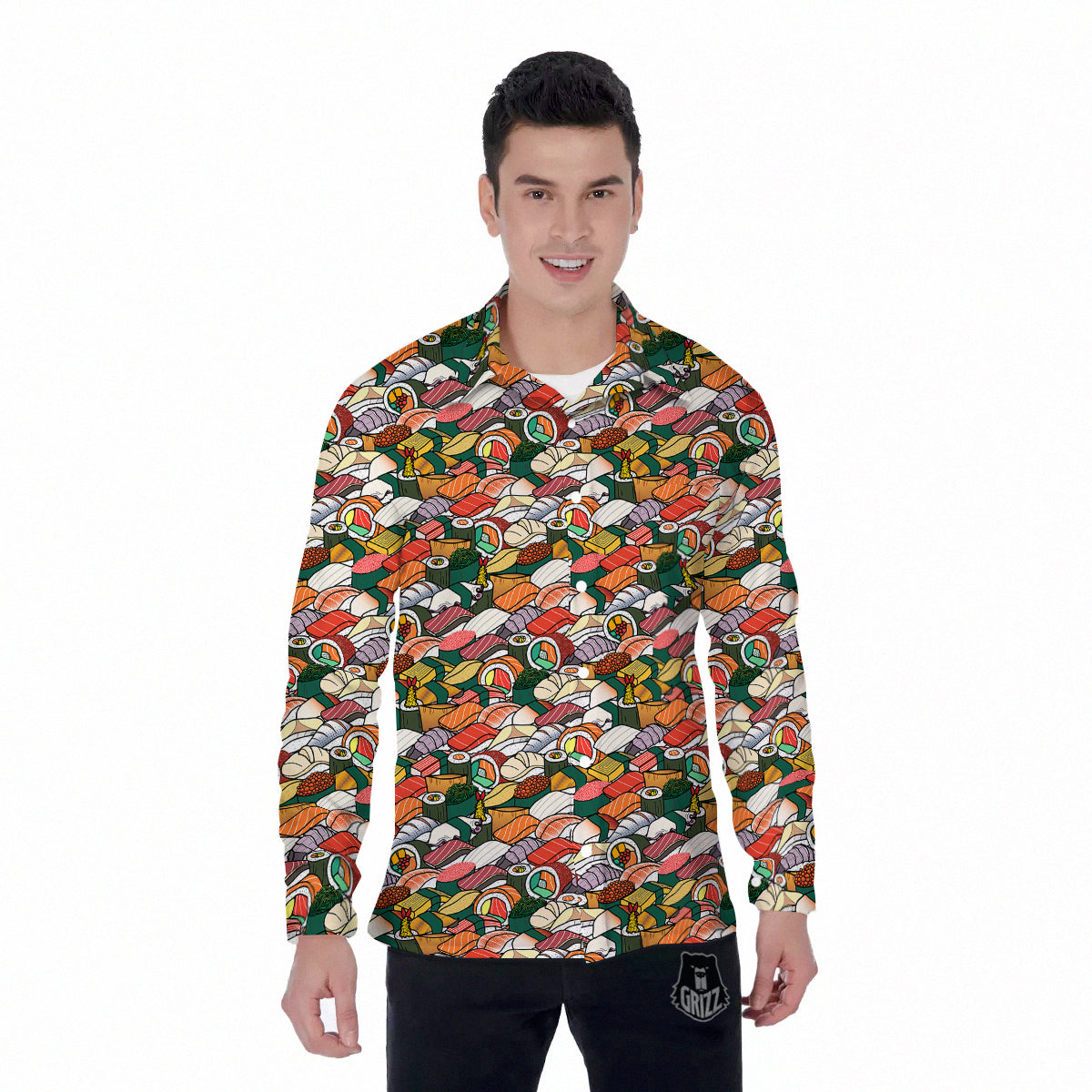 Sushi Japanese Colorful Print Pattern Men's Long Sleeve Shirts-grizzshop