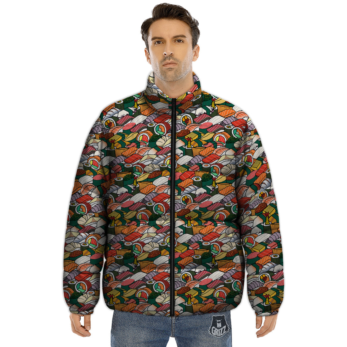 Sushi Japanese Colorful Print Pattern Puffer Jacket-grizzshop