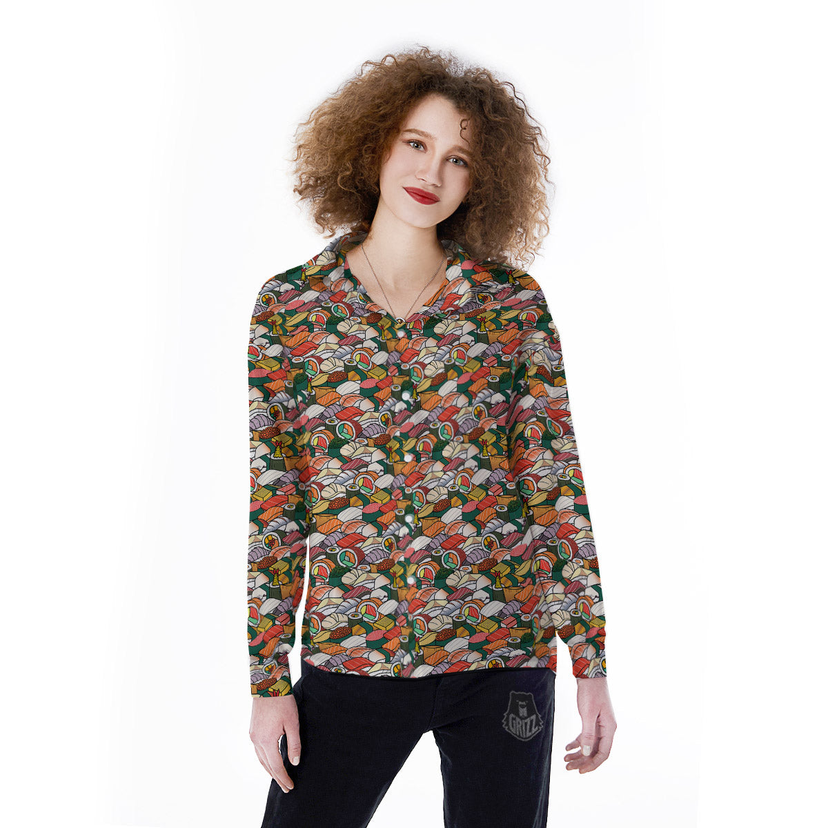 Sushi Japanese Colorful Print Pattern Women's Long Sleeve Shirts-grizzshop