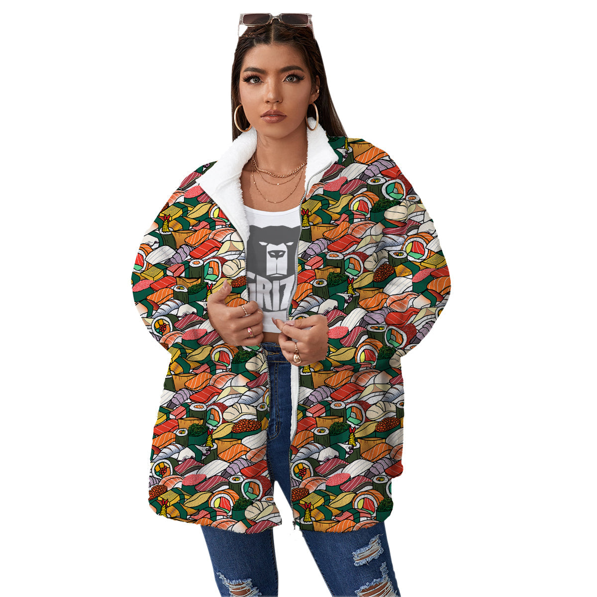 Sushi Japanese Colorful Print Pattern Women's Sherpa Jacket-grizzshop