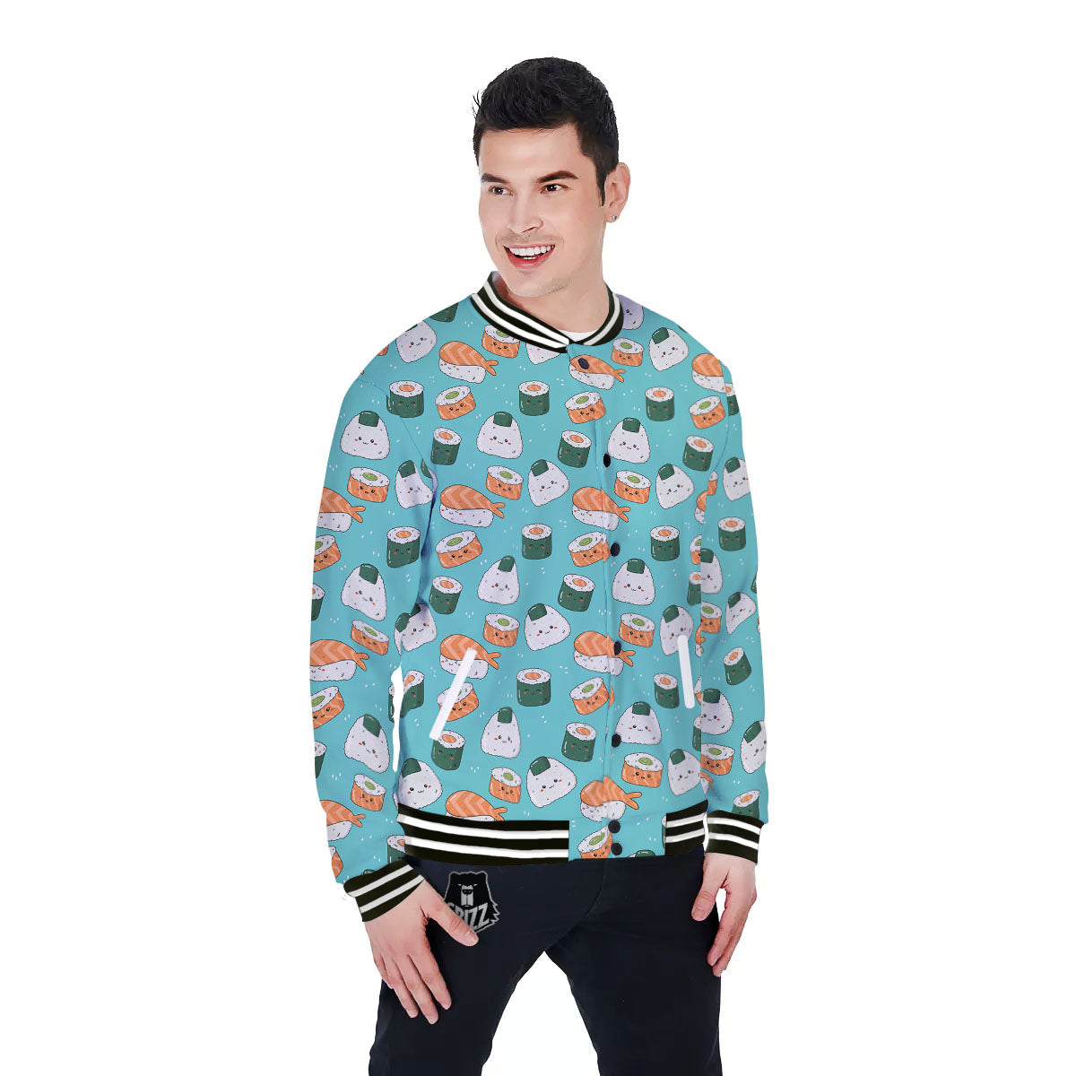 Sushi Kawaii Japanese Print Pattern Baseball Jacket-grizzshop
