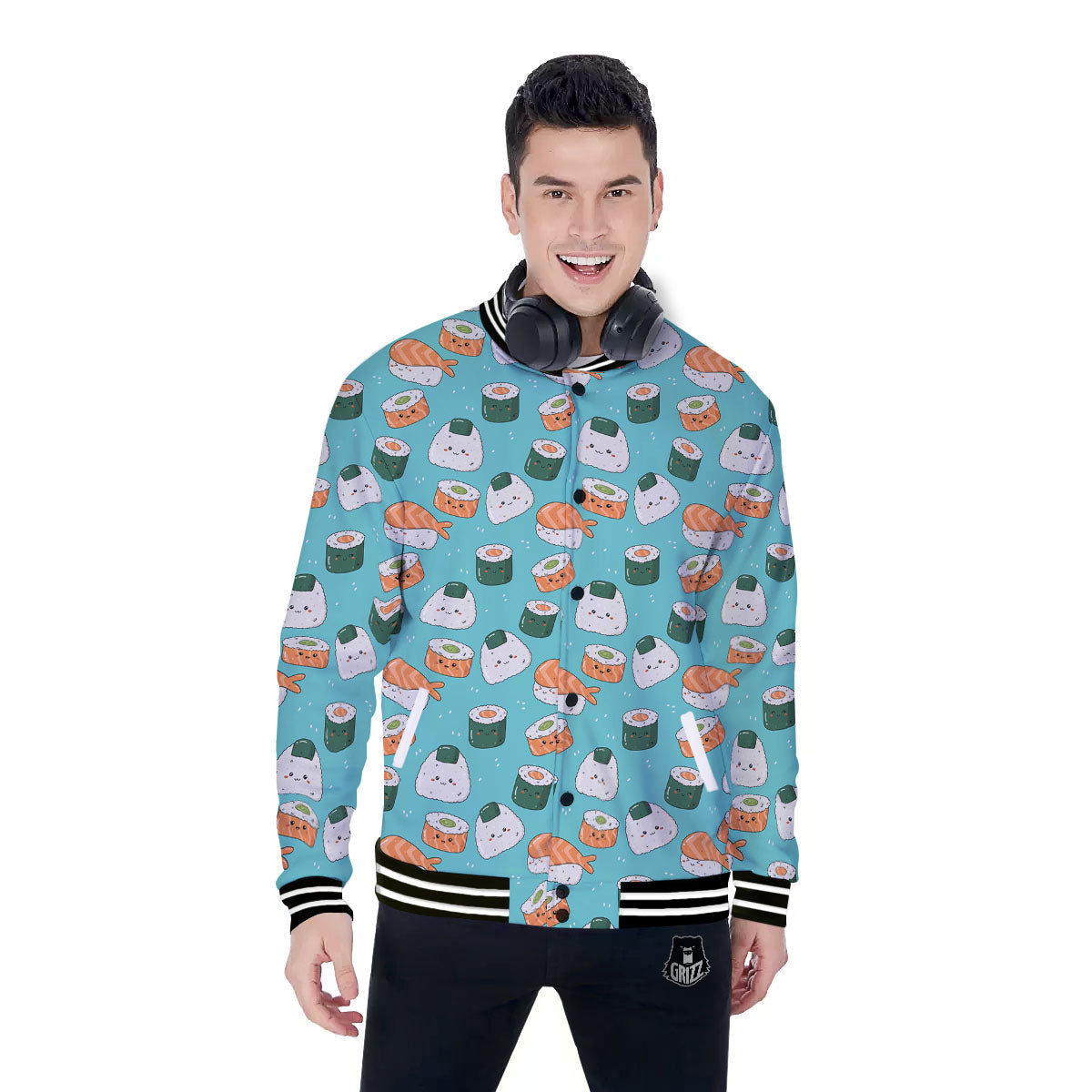 Sushi Kawaii Japanese Print Pattern Baseball Jacket-grizzshop