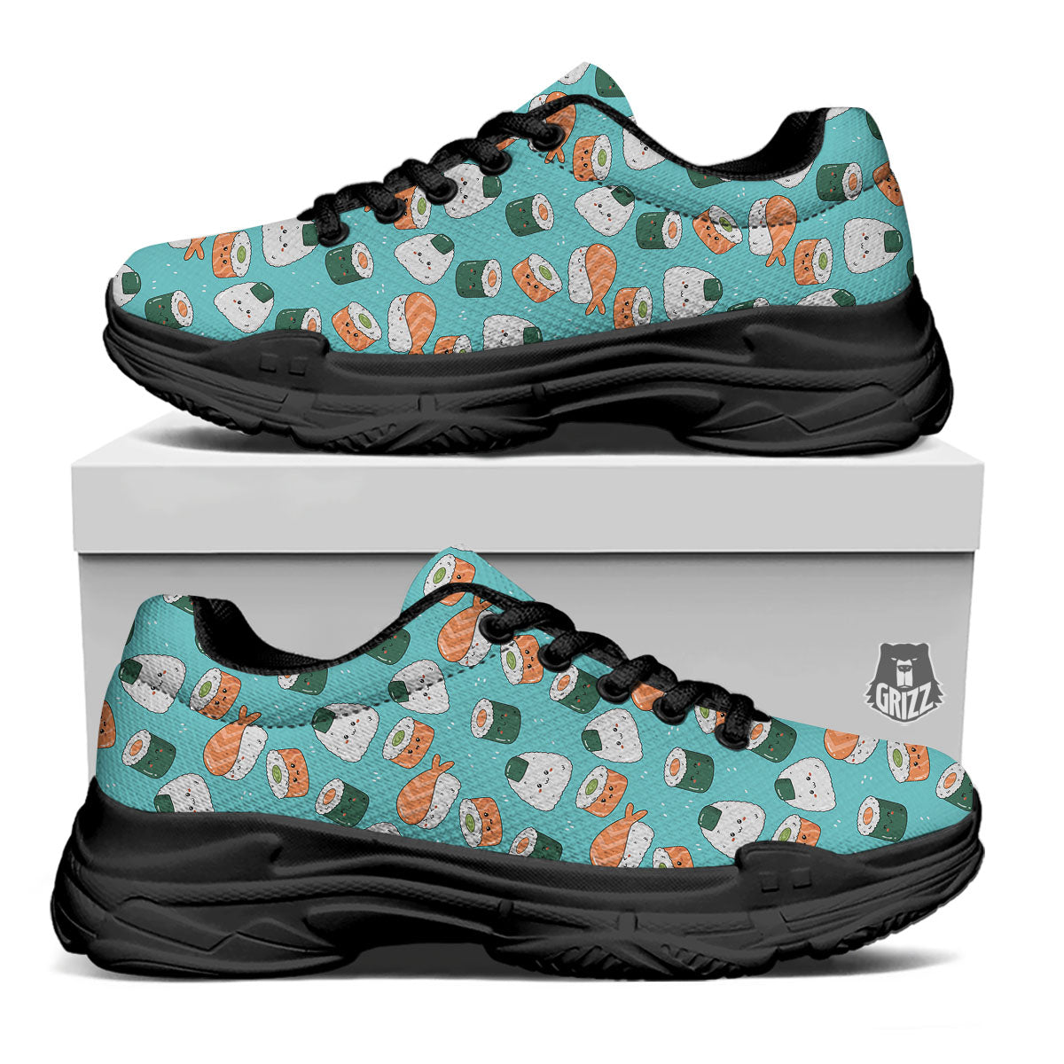 Sushi Kawaii Japanese Print Pattern Black Chunky Shoes-grizzshop