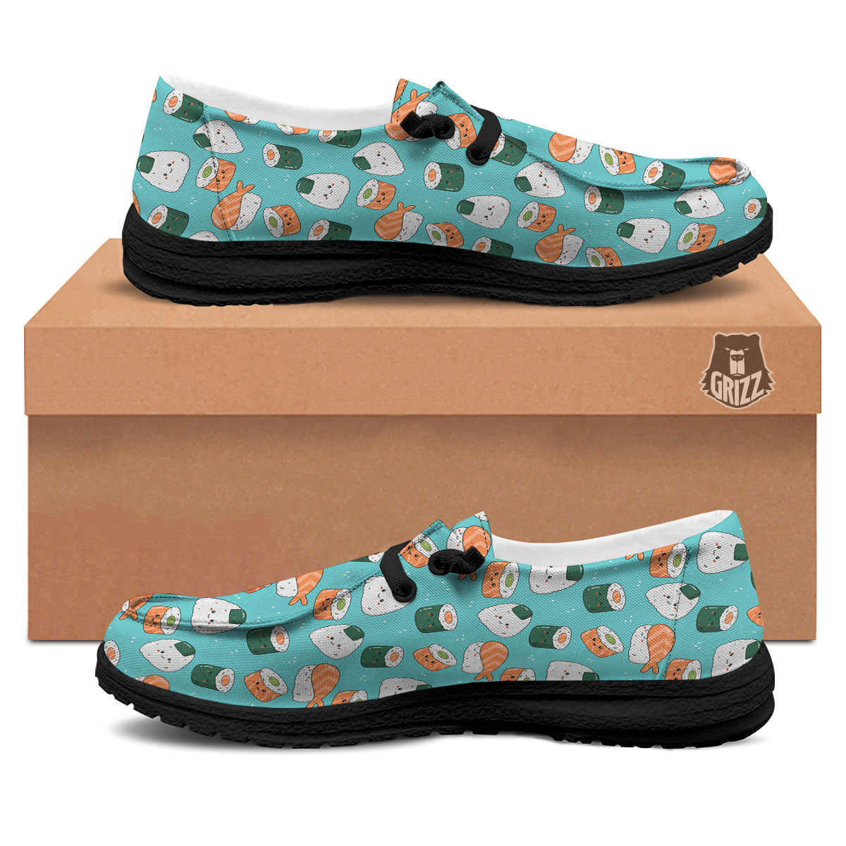 Sushi Kawaii Japanese Print Pattern Black Loafers-grizzshop