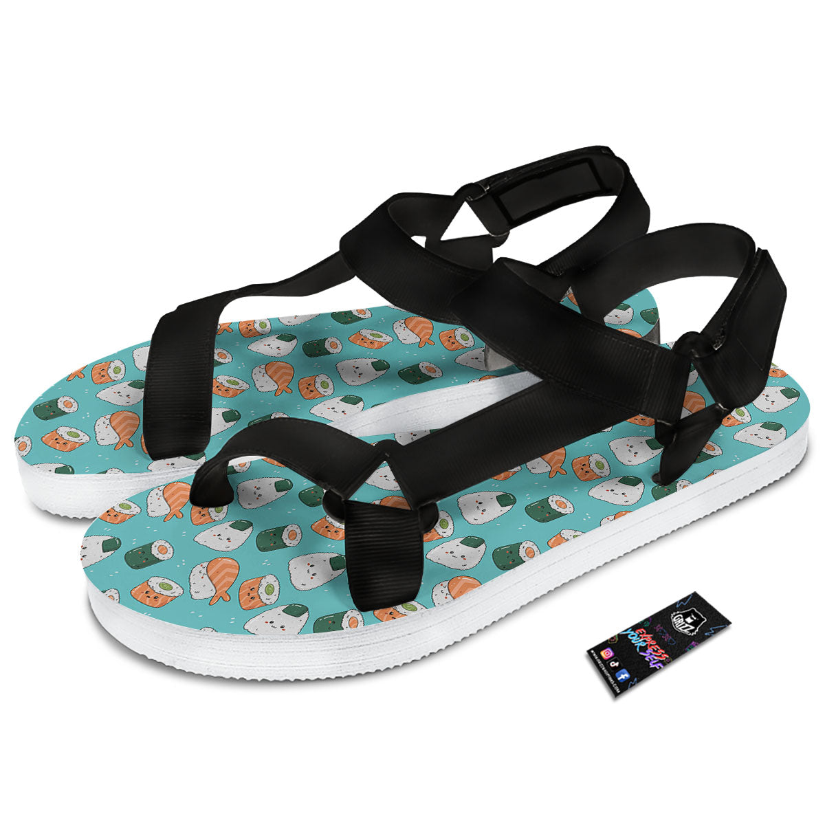 Sushi Kawaii Japanese Print Pattern Black Open Toe Sandals-grizzshop