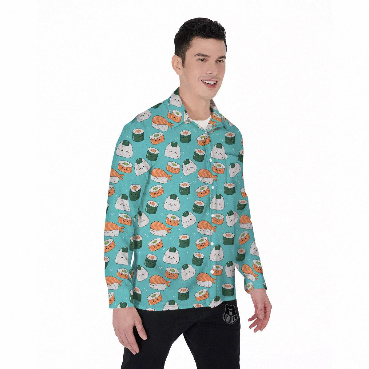 Sushi Kawaii Japanese Print Pattern Men's Long Sleeve Shirts-grizzshop