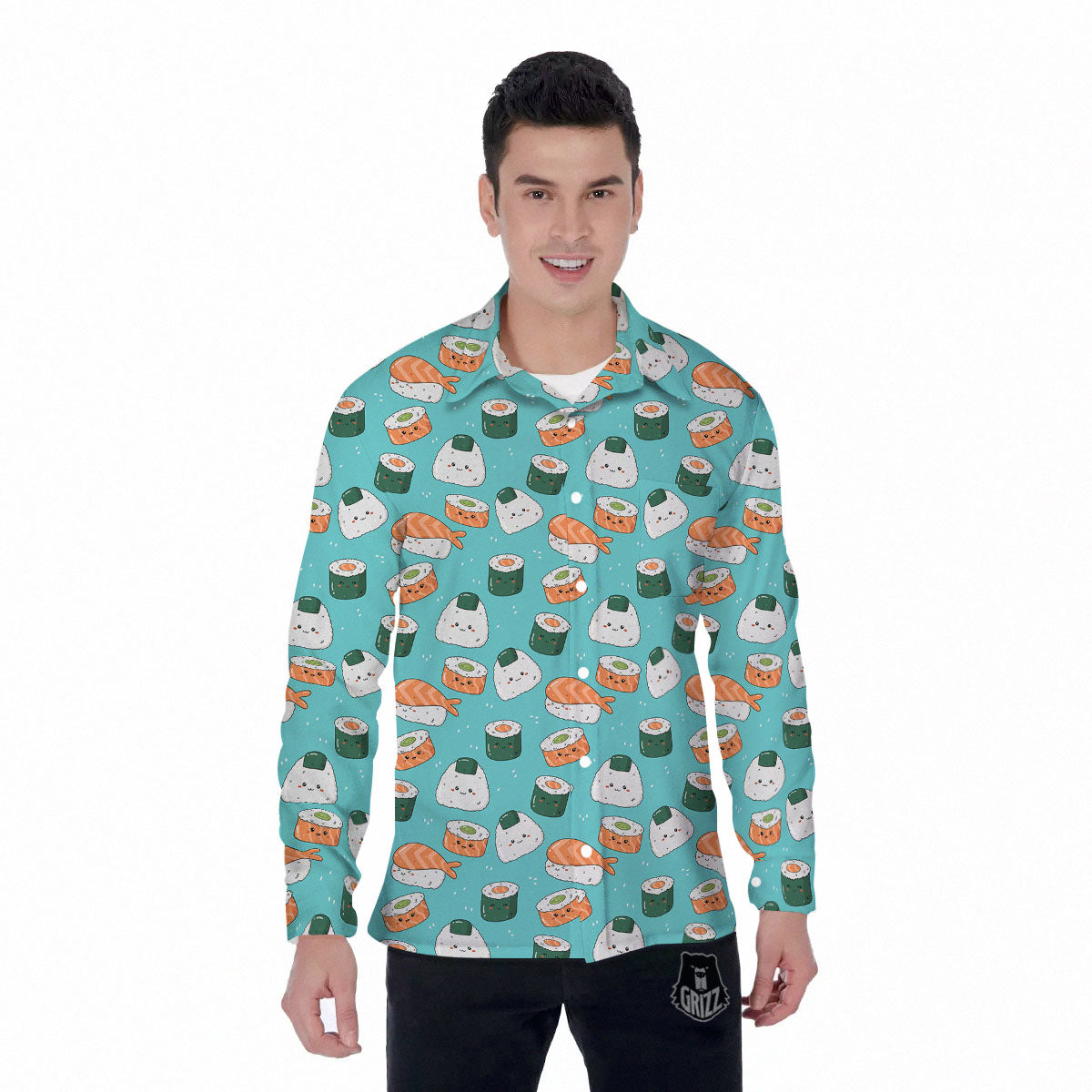 Sushi Kawaii Japanese Print Pattern Men's Long Sleeve Shirts-grizzshop