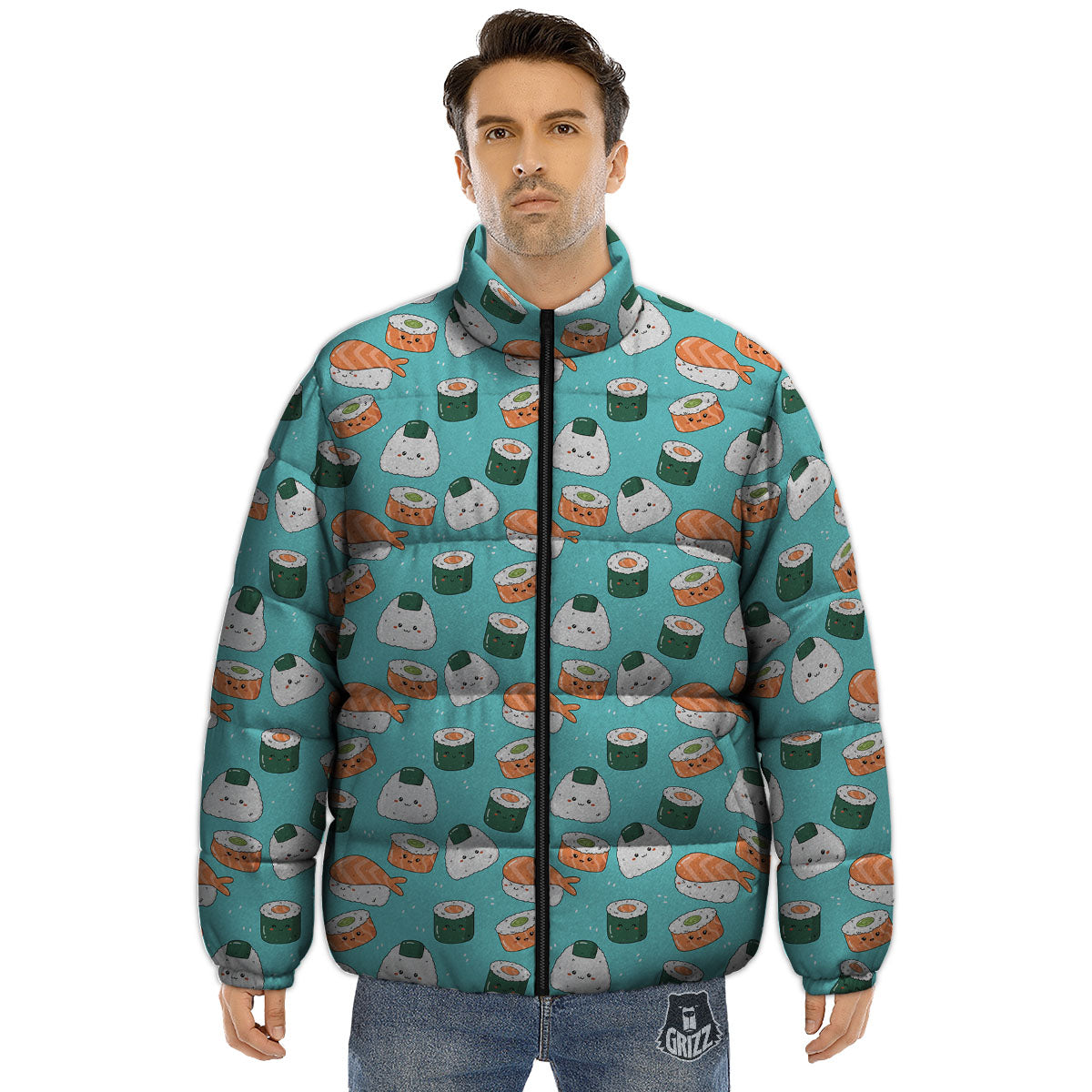 Sushi Kawaii Japanese Print Pattern Puffer Jacket-grizzshop