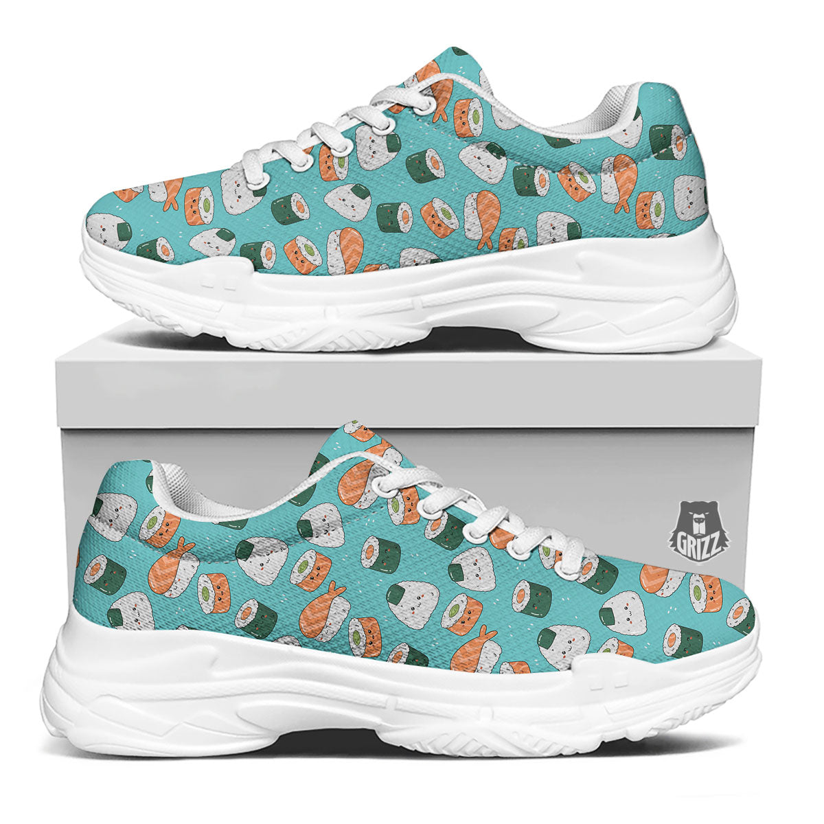 Sushi Kawaii Japanese Print Pattern White Chunky Shoes-grizzshop