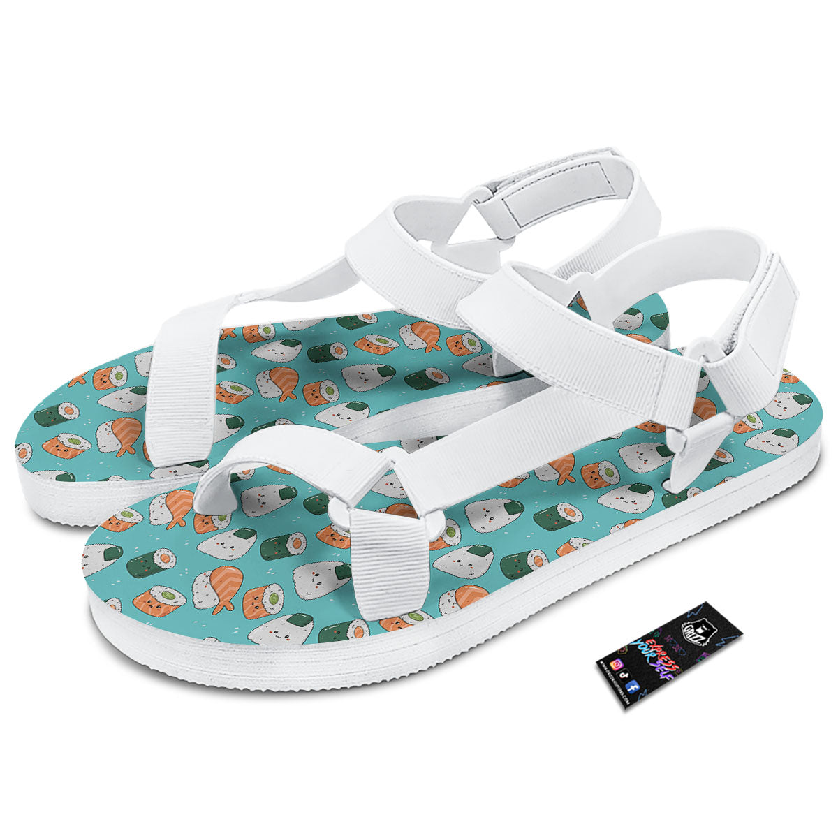 Sushi Kawaii Japanese Print Pattern White Open Toe Sandals-grizzshop