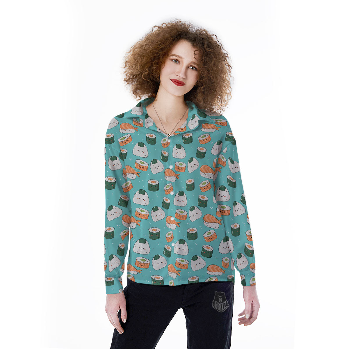 Sushi Kawaii Japanese Print Pattern Women's Long Sleeve Shirts-grizzshop