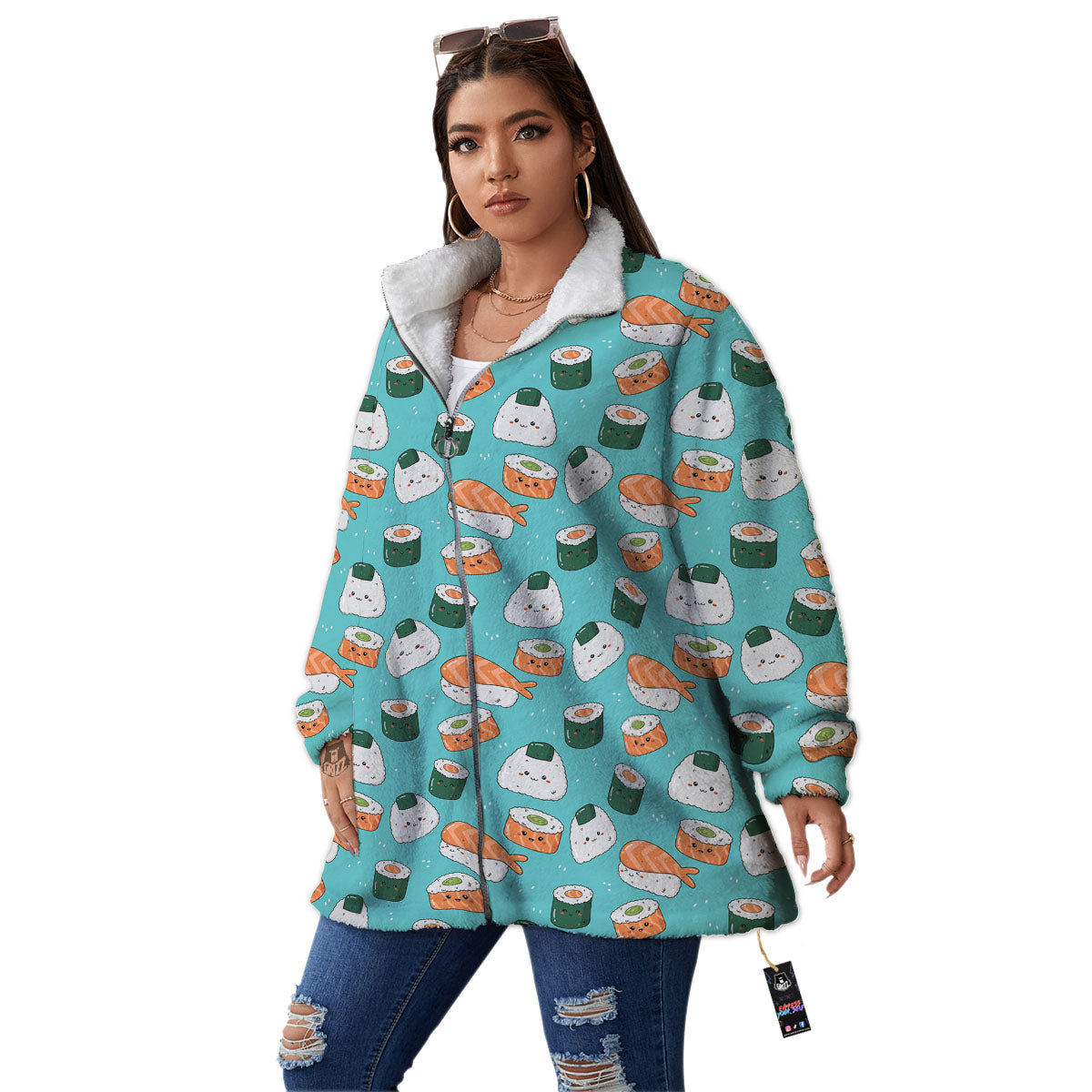 Sushi Kawaii Japanese Print Pattern Women's Sherpa Jacket-grizzshop