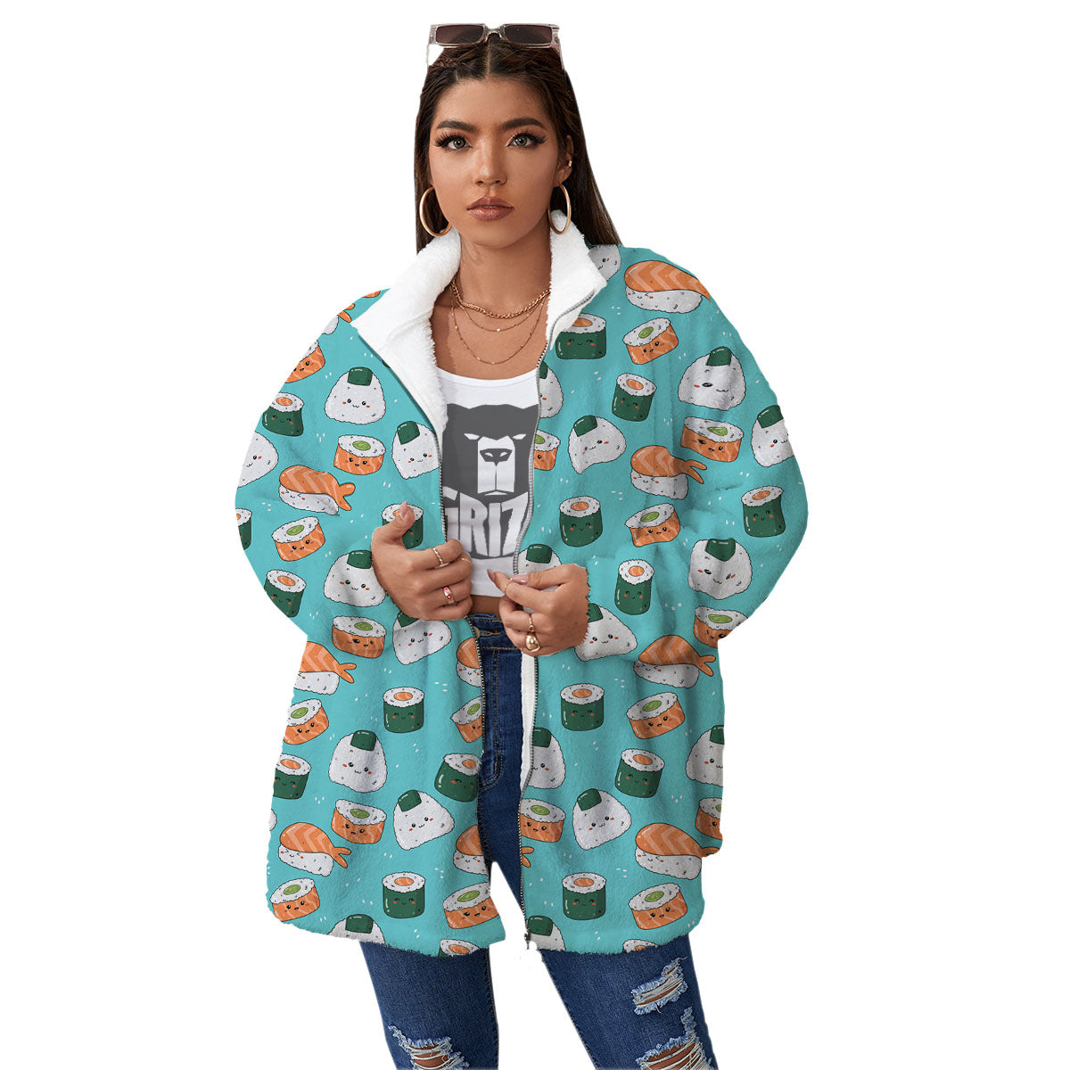 Sushi Kawaii Japanese Print Pattern Women's Sherpa Jacket-grizzshop