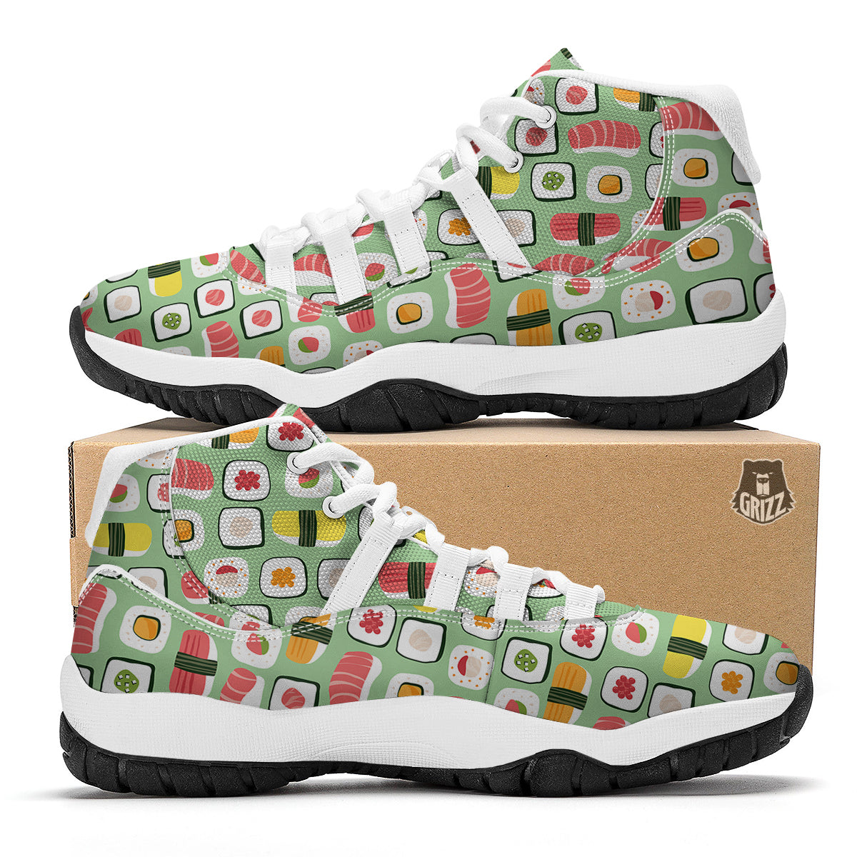 Sushi Kawaii Pattern Print White Bball Shoes-grizzshop