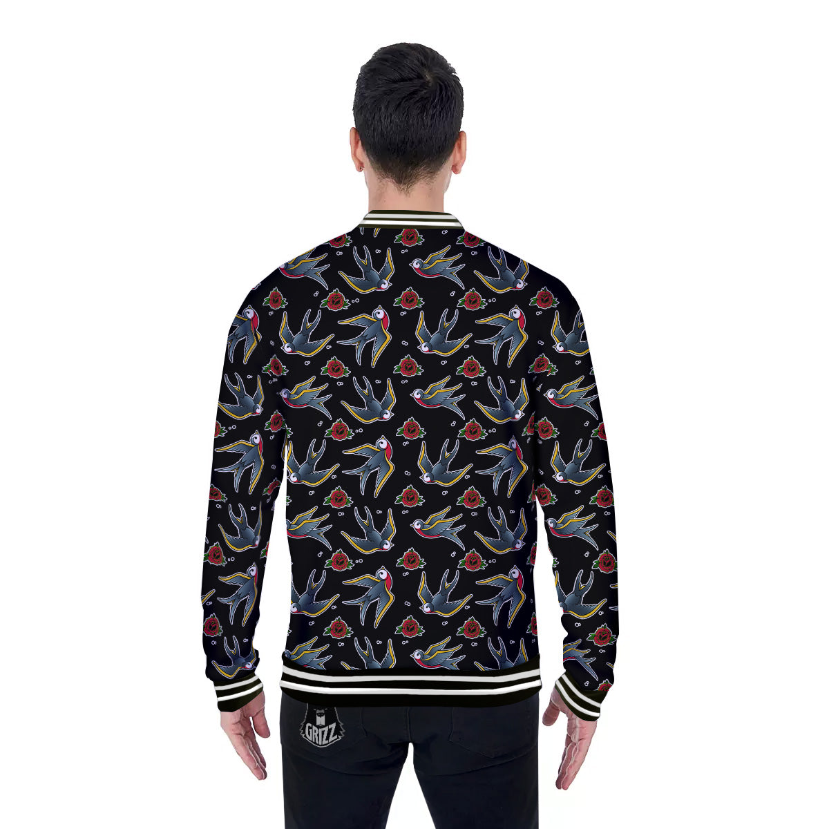 Swallows And Roses Tattoo Print Pattern Baseball Jacket-grizzshop