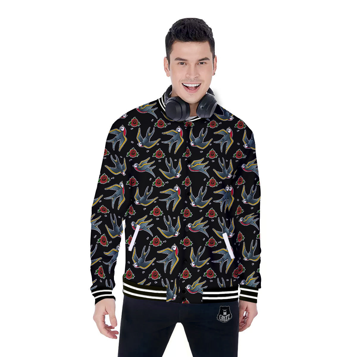 Swallows And Roses Tattoo Print Pattern Baseball Jacket-grizzshop