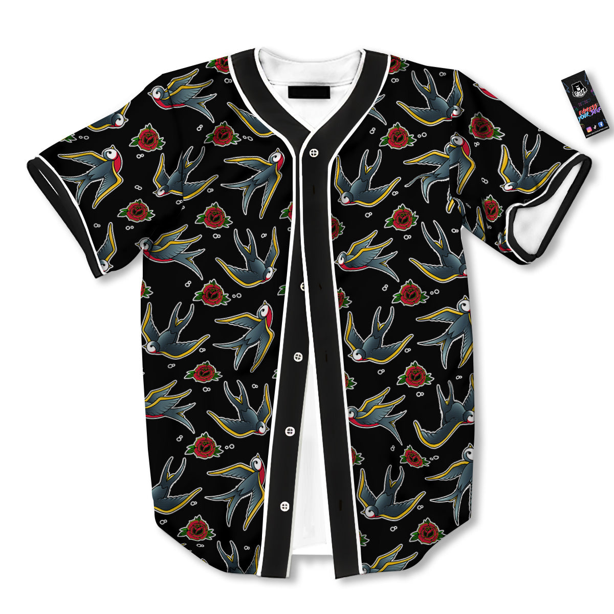 Swallows And Roses Tattoo Print Pattern Baseball Jersey-grizzshop