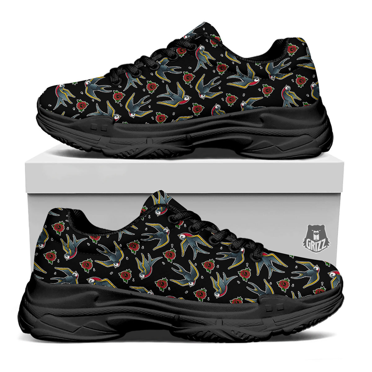 Swallows And Roses Tattoo Print Pattern Black Chunky Shoes-grizzshop