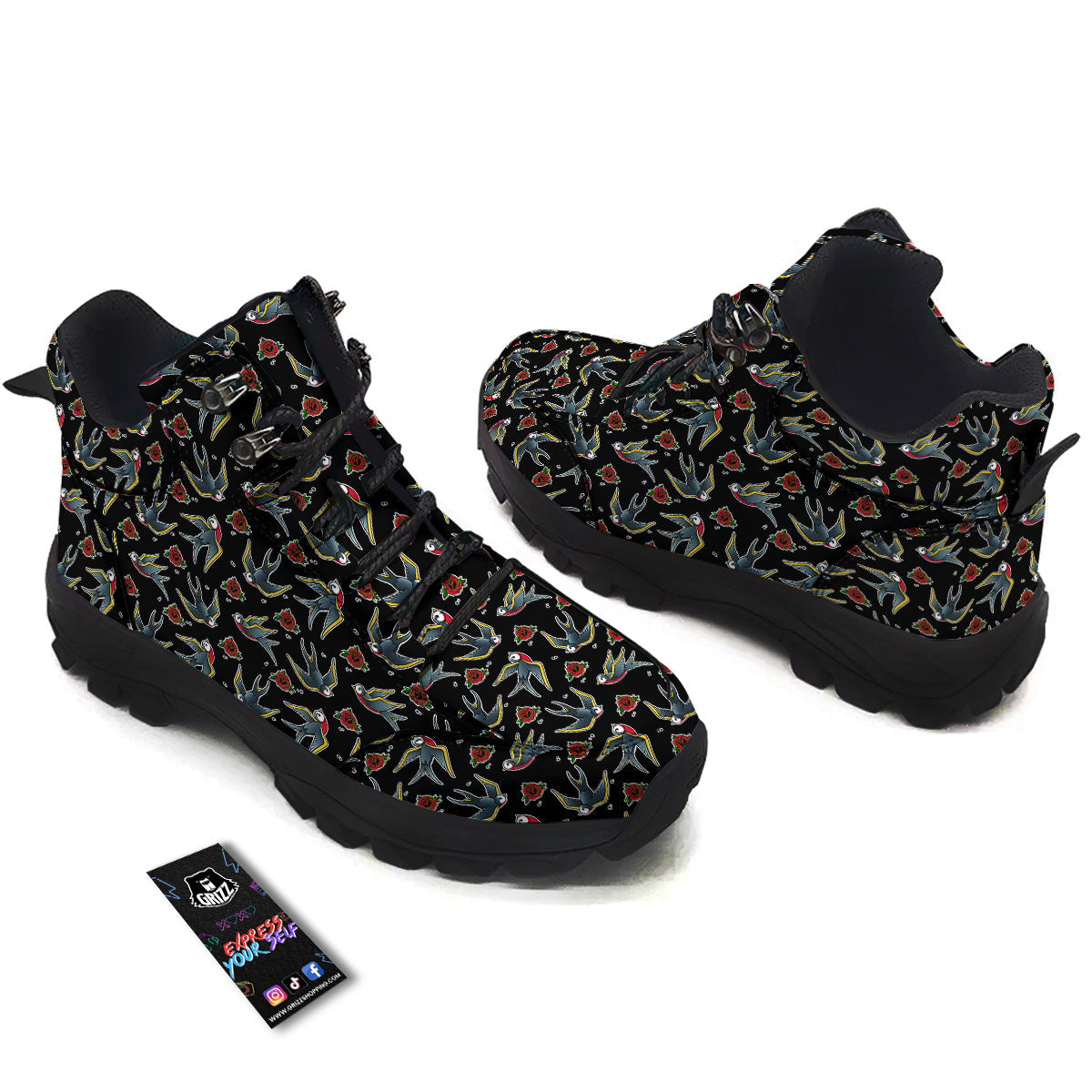 Swallows And Roses Tattoo Print Pattern Hiking Shoes-grizzshop