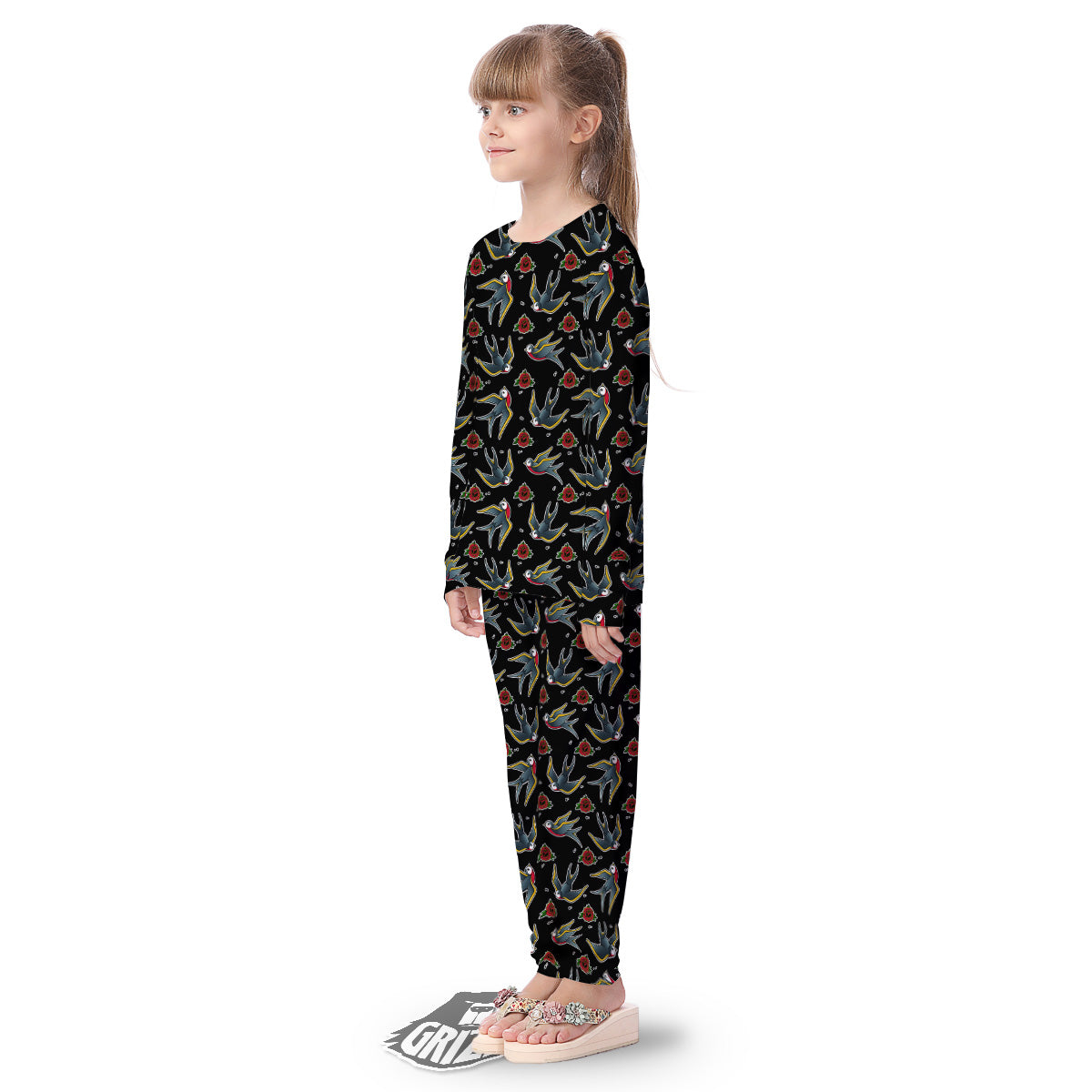Swallows And Roses Tattoo Print Pattern Kid's Pajamas-grizzshop