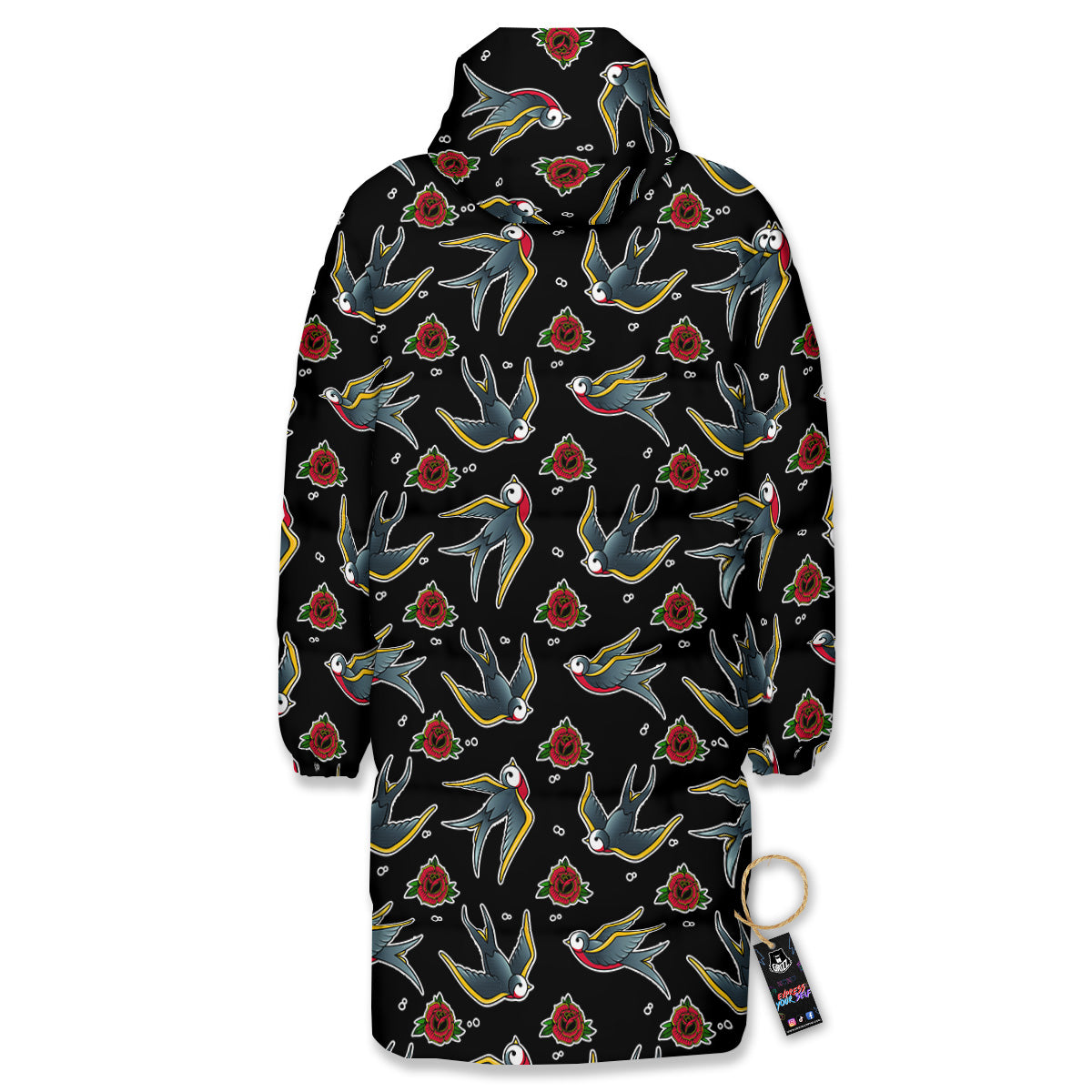 Swallows And Roses Tattoo Print Pattern Long Down Jacket-grizzshop