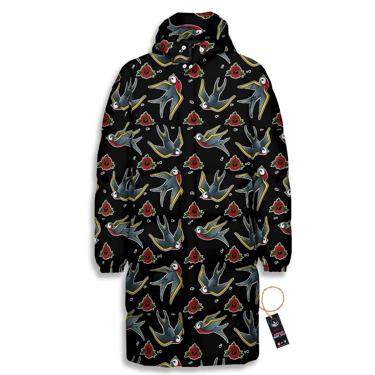 Swallows And Roses Tattoo Print Pattern Long Down Jacket-grizzshop