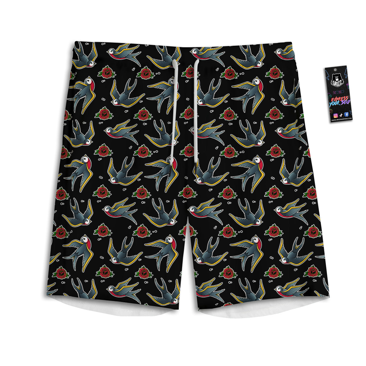 Swallows And Roses Tattoo Print Pattern Men's Athletic Shorts
