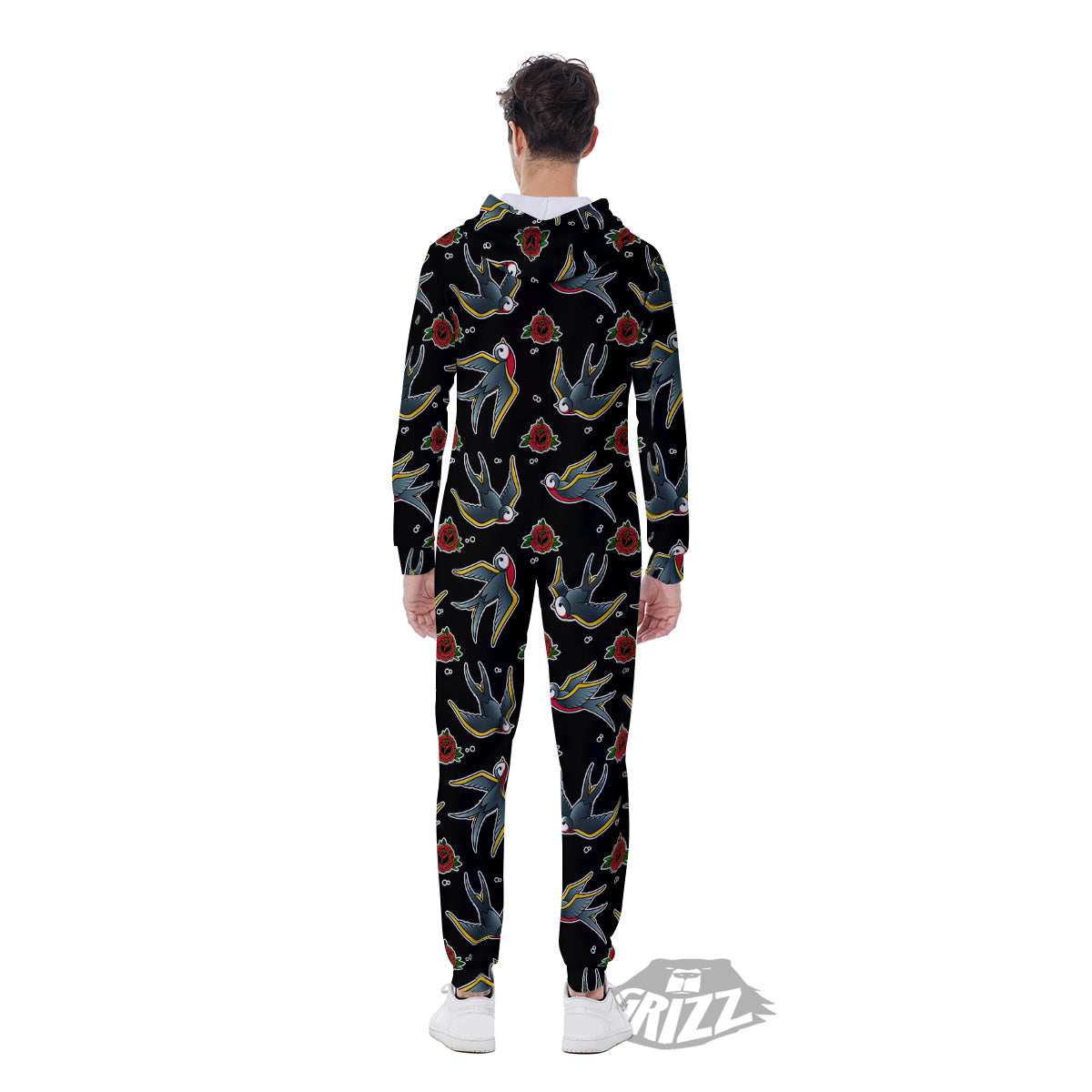 Swallows And Roses Tattoo Print Pattern Men's Jumpsuit-grizzshop