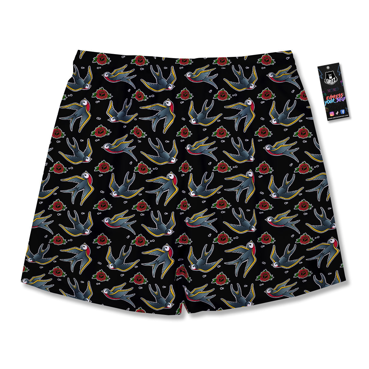 Swallows And Roses Tattoo Print Pattern Men's Running Shorts-grizzshop