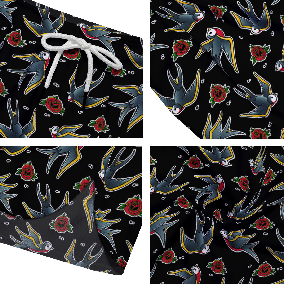 Swallows And Roses Tattoo Print Pattern Men's Running Shorts-grizzshop