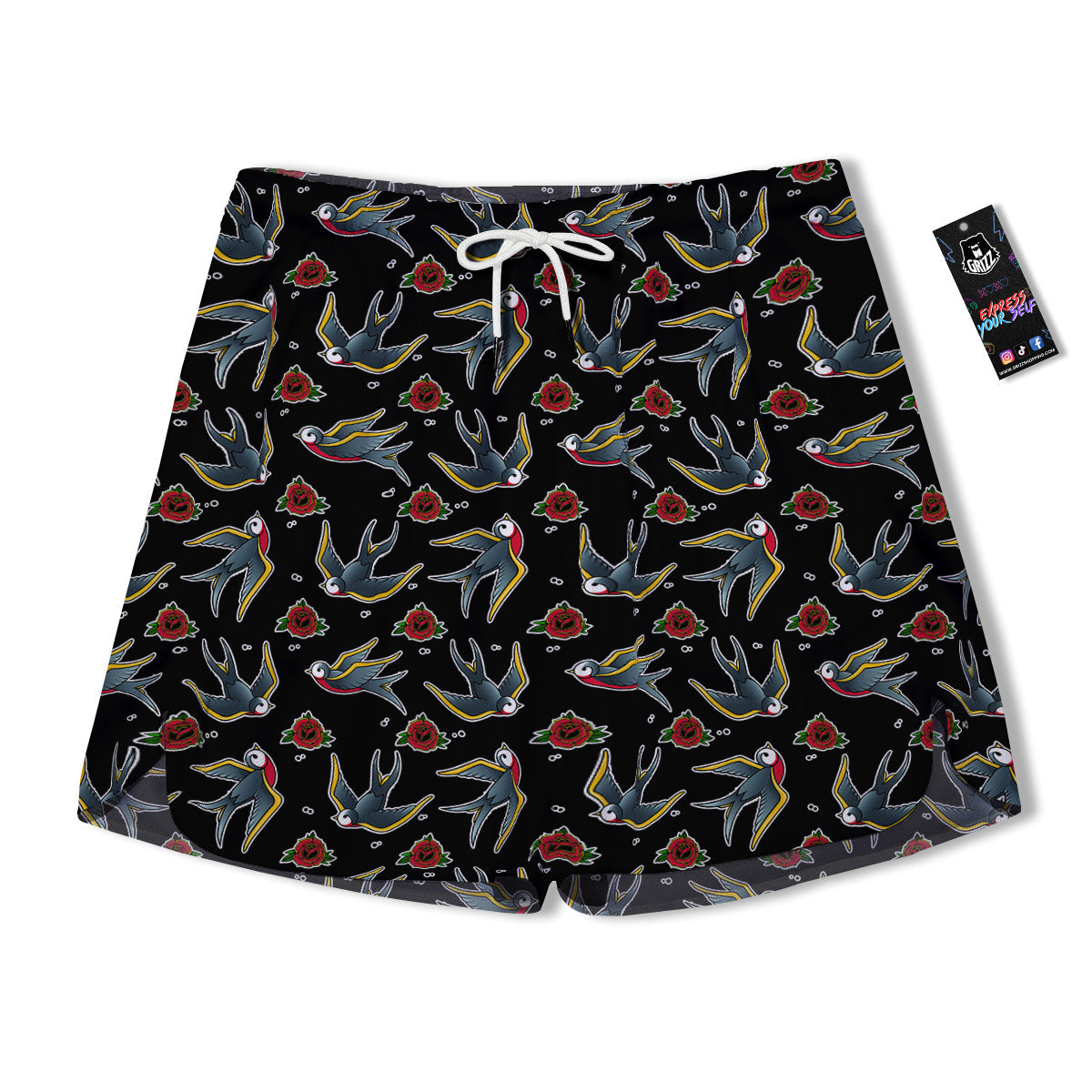 Swallows And Roses Tattoo Print Pattern Men's Running Shorts-grizzshop