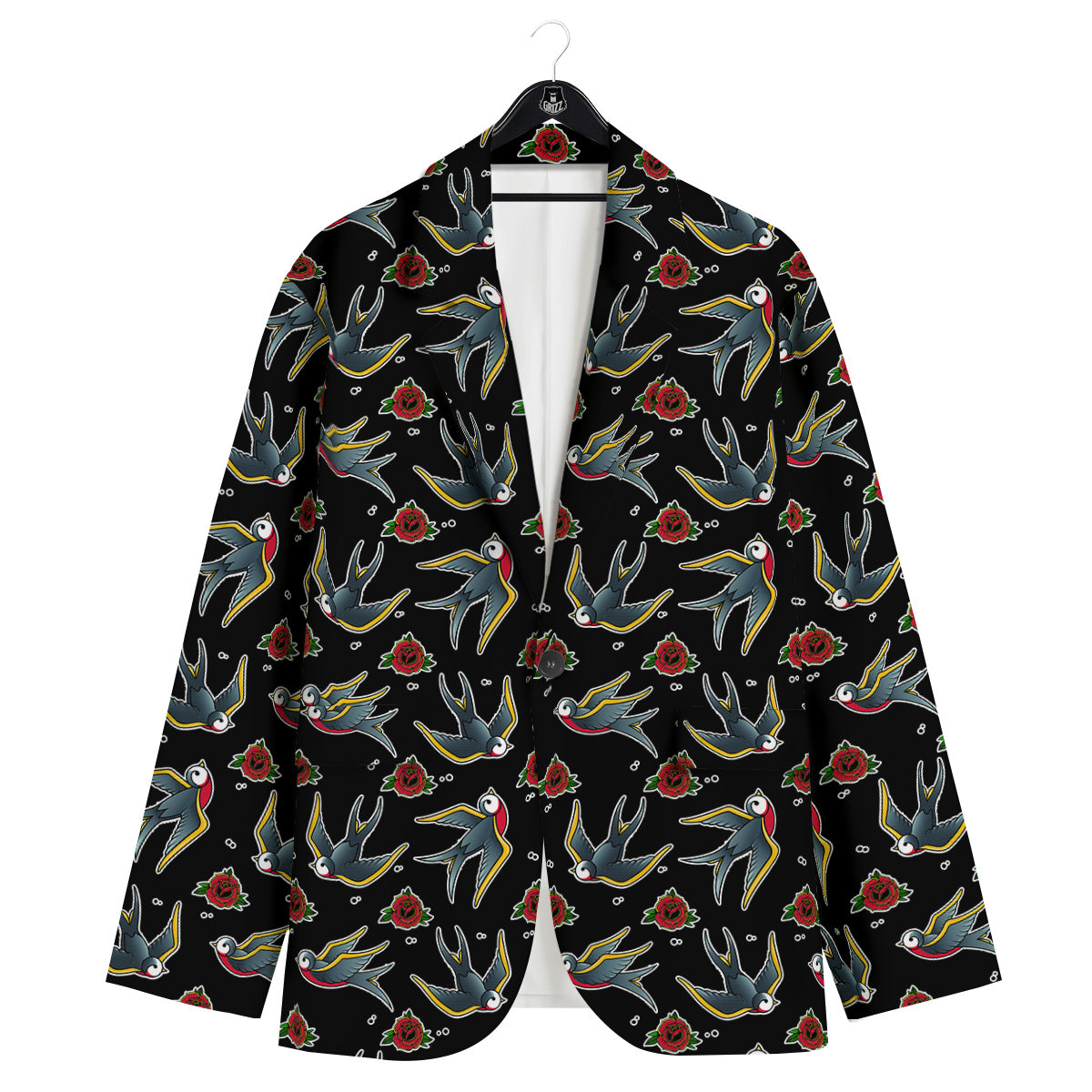 Swallows And Roses Tattoo Print Pattern Men's Sport Coat-grizzshop