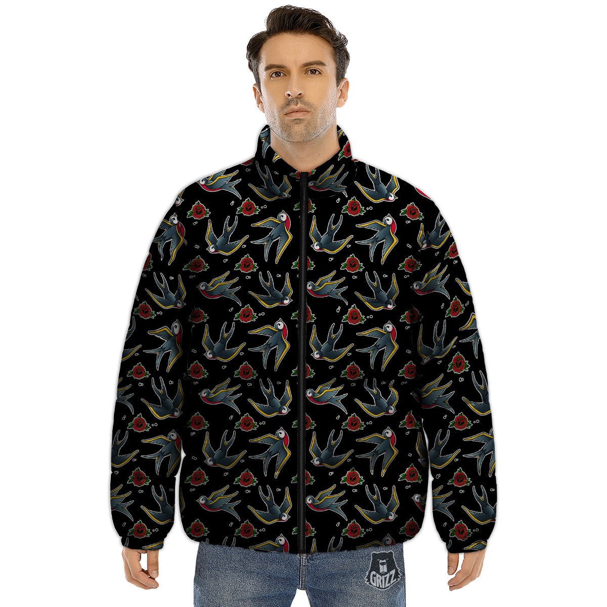 Swallows And Roses Tattoo Print Pattern Puffer Jacket-grizzshop